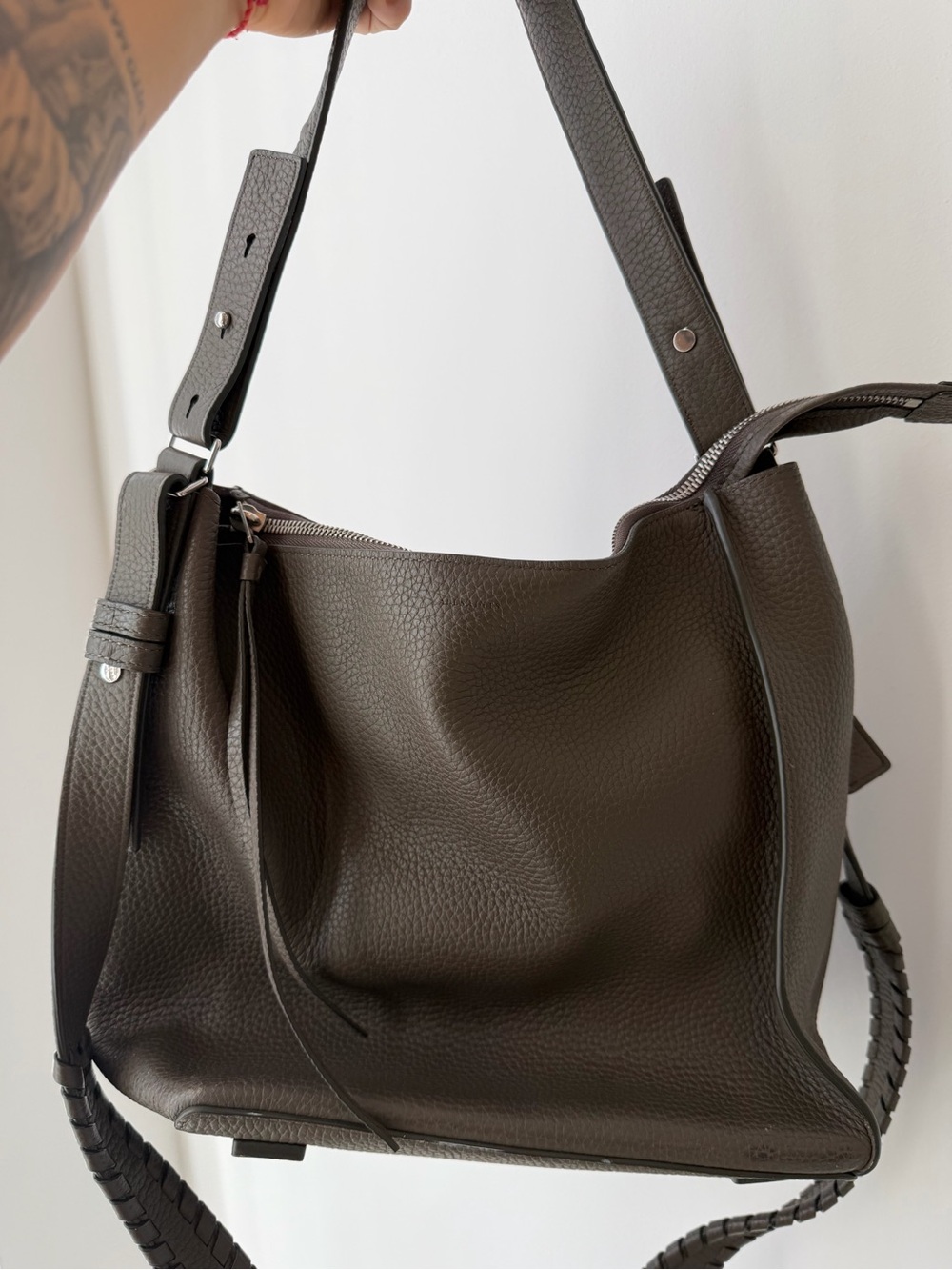 All Saints Greyish Brown Leather Shoulder Bag